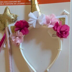 NWT Kids Pink Gold Unicorn Flowers Headband Holiday Costume Star Wand Xmas Gift